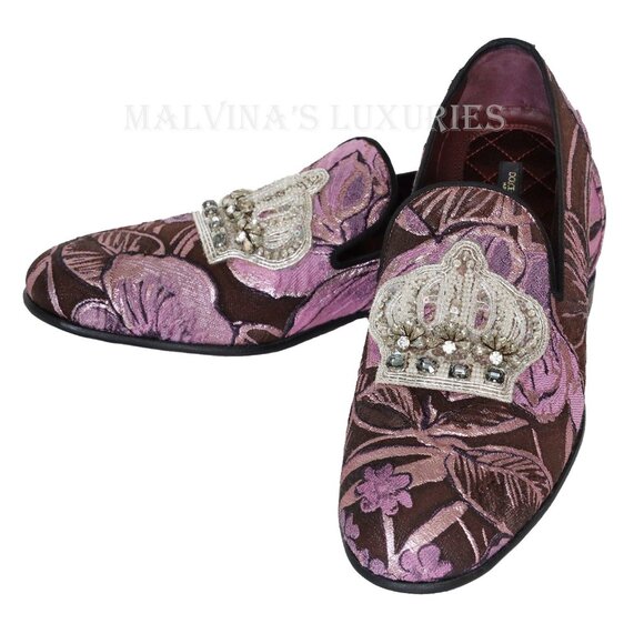 DOLCE & GABBANA SHOES LOAFERS BROCADE CRYSTAL CROWN FLATS sz 39.5 9.5 - Picture 1 of 10